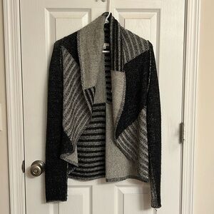 CAbi #483 Patchwork Black Gray Open Front Shawl Cardigan Wool-Blend Size Large